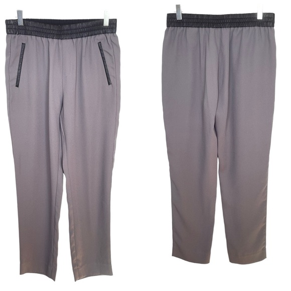Banana Republic Pants - Banana Republic Grey Trousers Faux Black Leather Elastic Waist Zip Pockets Sz 8